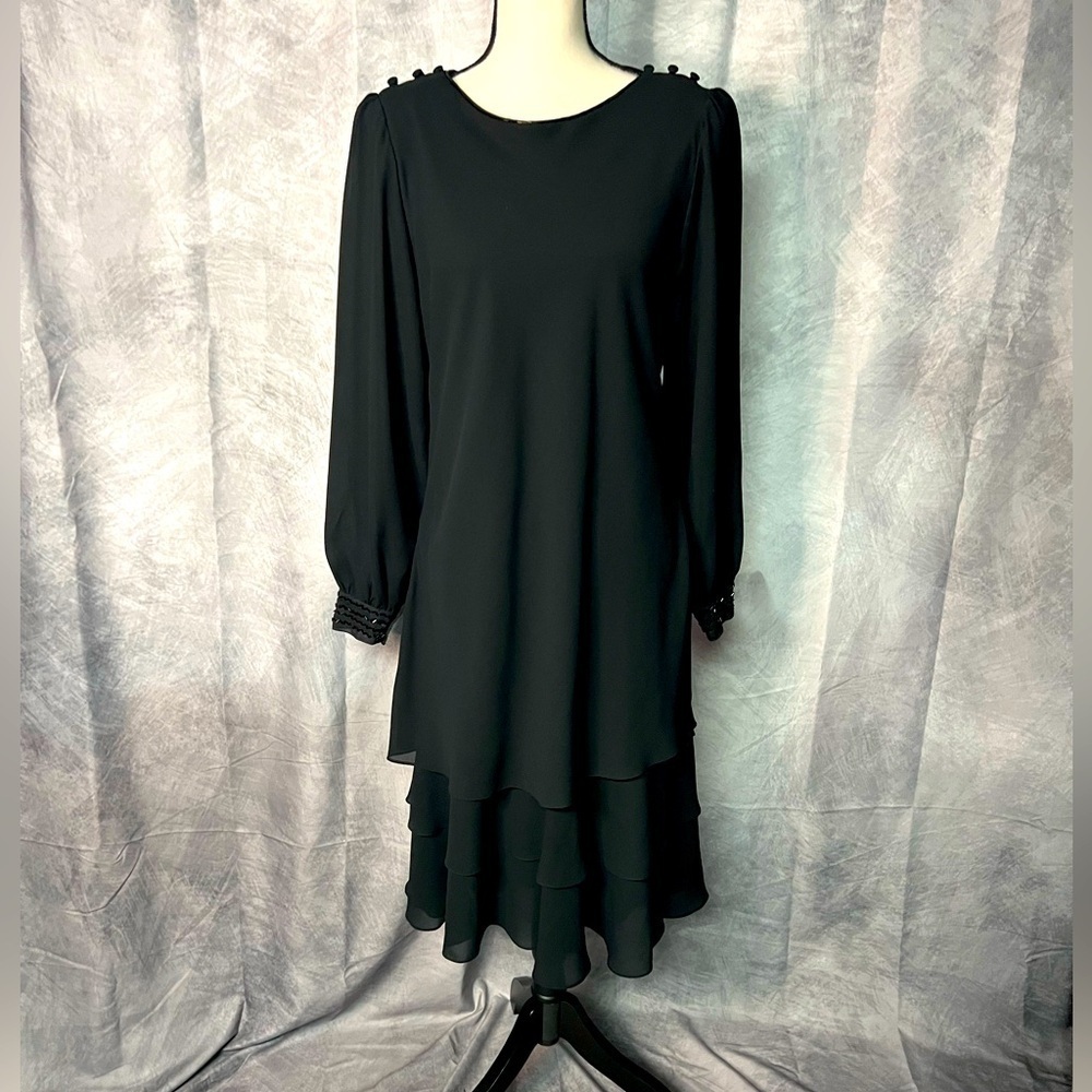 Monica Richards Vintage Elegant Black Layered Dress with Semi-Sheer Sleeves